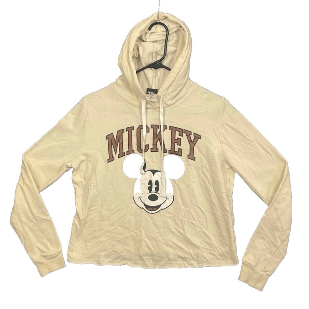 Women’s VTG Disney Hoodie Cropped Mickey Mouse Cream‎ Sz XSmall Cotton Blend